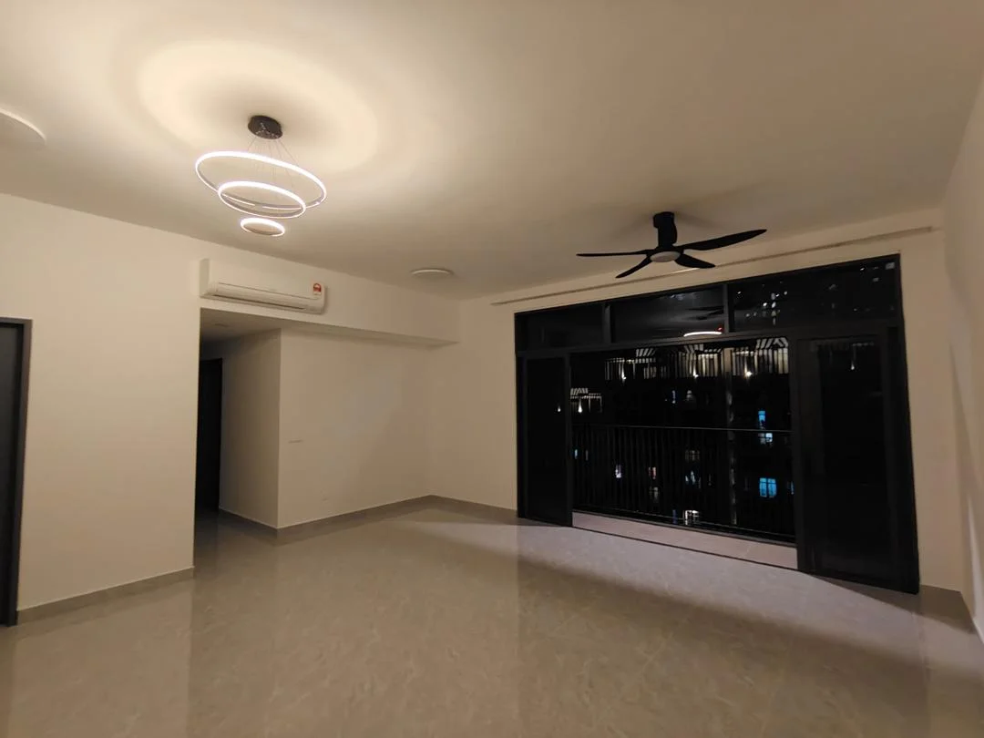 Living features: grey polished tile flooring, white painted walls, 5-blade ceiling fan with light, recessed downlights, large floor-to-ceiling windows, black window frames, air conditioning unit on wall, modern chandelier; style: modern; view: city.